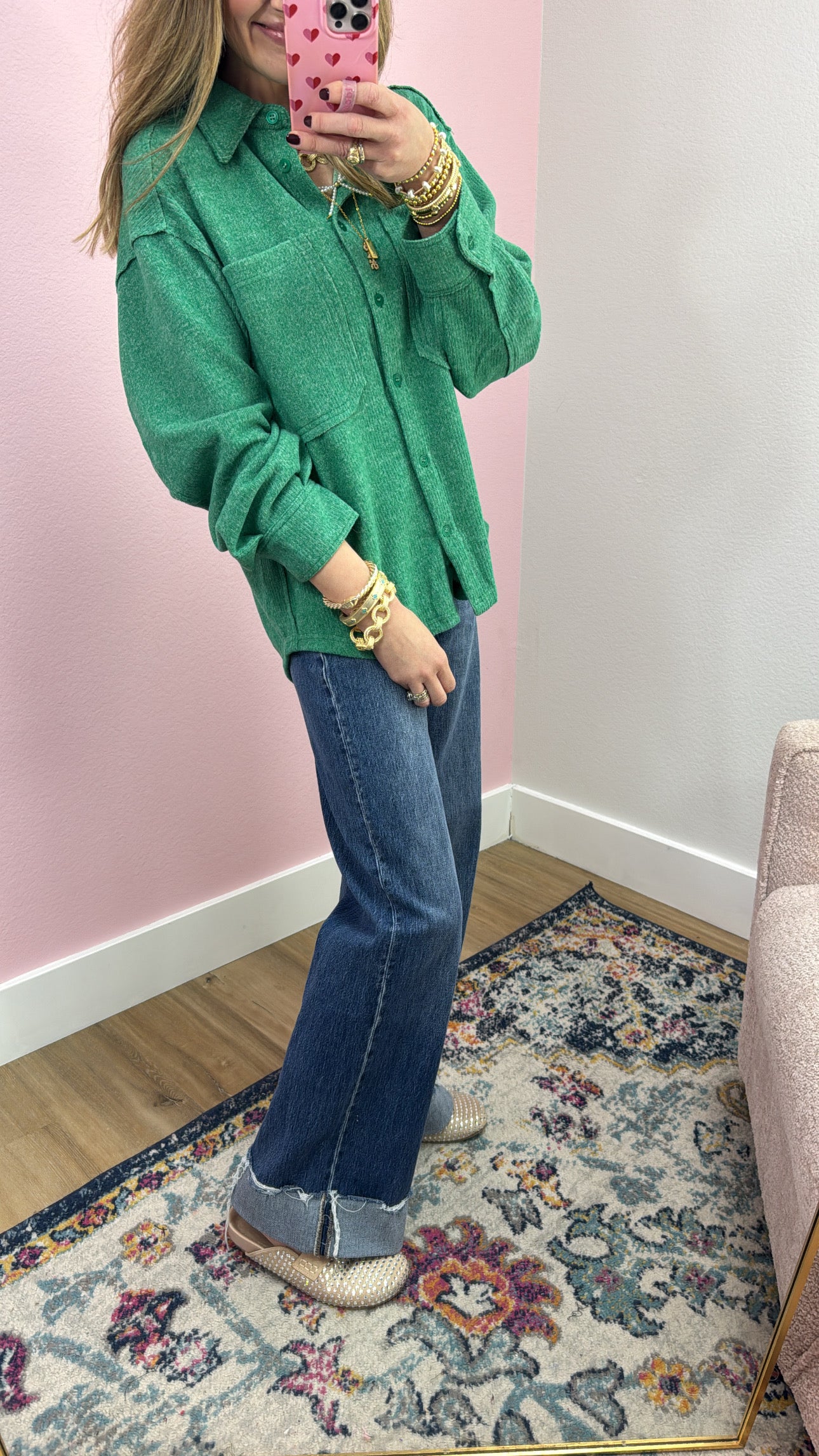 Kelly Green Button Down Front Pocket Top