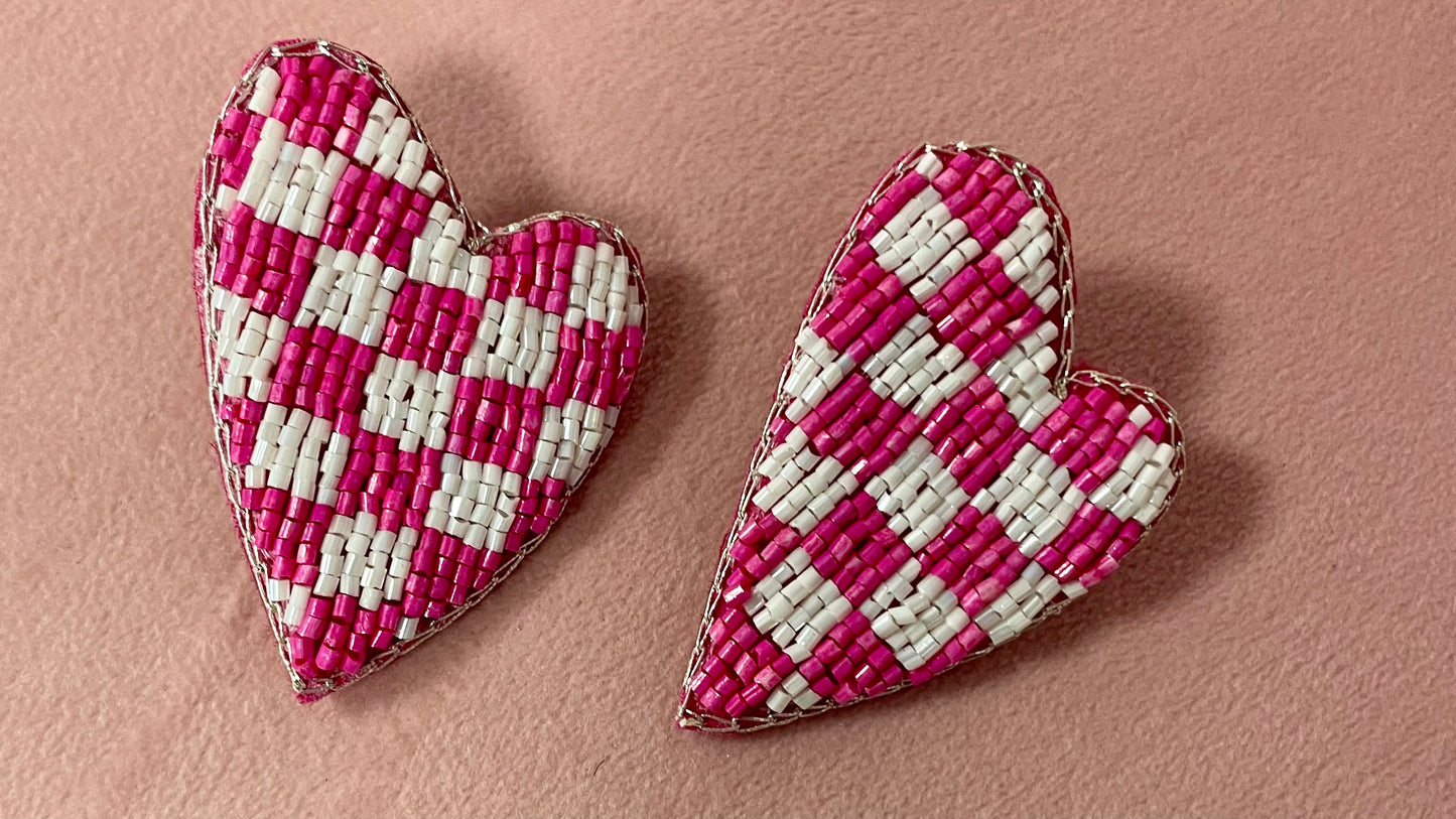 Pink and White Checkered Heart Earrings