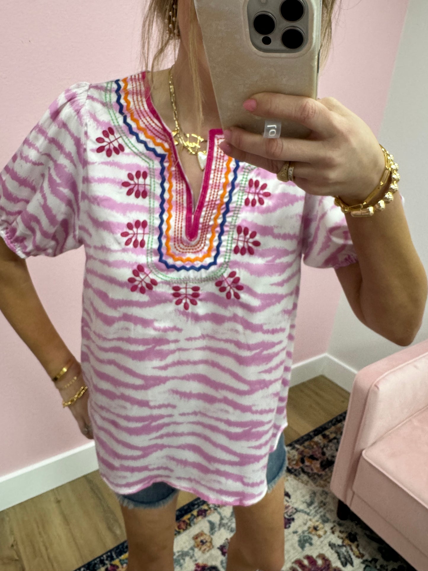 Pink and White Embroidered Neck Top FS