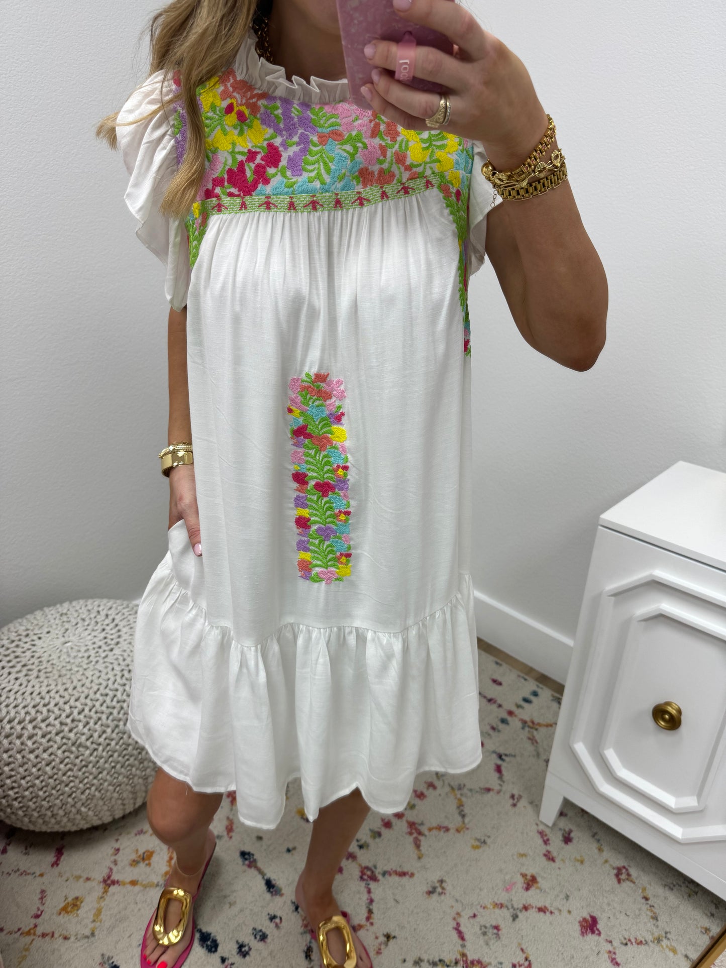 J Marie White Multi Color Embroidered Ruffle Dress