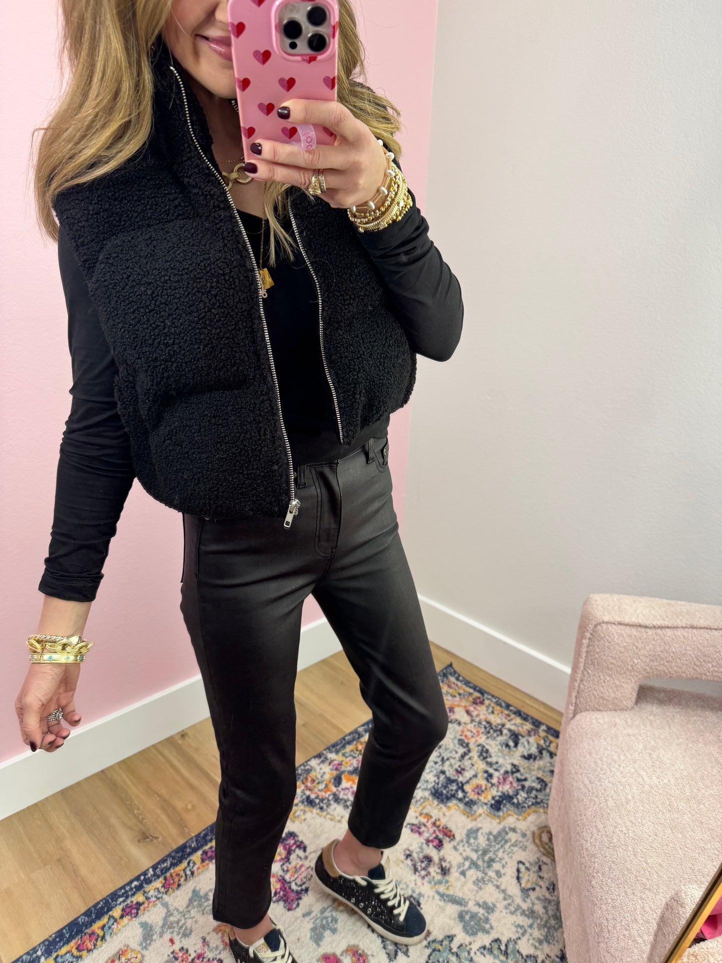 Black Sherpa Crop Puffer Vest