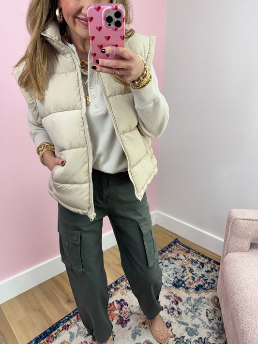 Cream High Neck Classic Puffer Vest