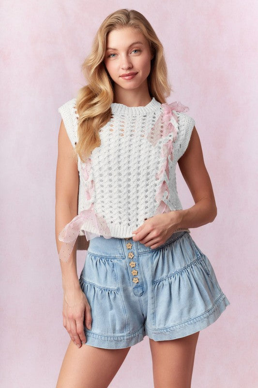 Heather Welper Collection White and Pink Lace Lined Sweater Vest Top