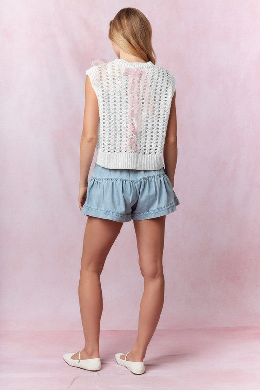 Heather Welper Collection White and Pink Lace Lined Sweater Vest Top