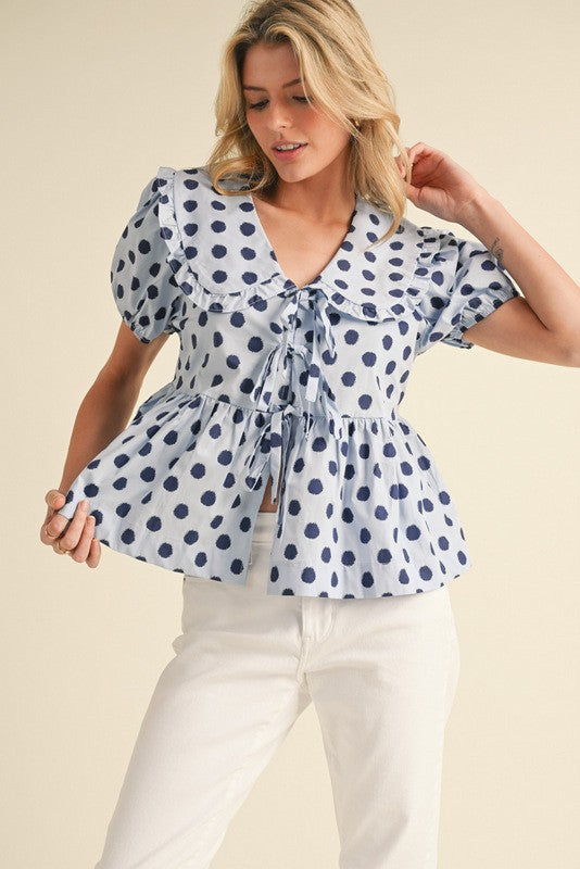 Heather Welper Collection Blue and Navy Polk a Dot Top