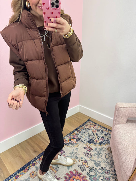 Chocolate High Neck Classic Puffer Vest