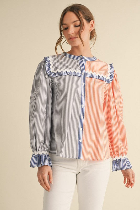 Heather Welper Collection Orange and Blue Split Pinstripe Top