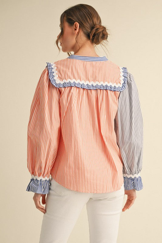 Heather Welper Collection Orange and Blue Split Pinstripe Top