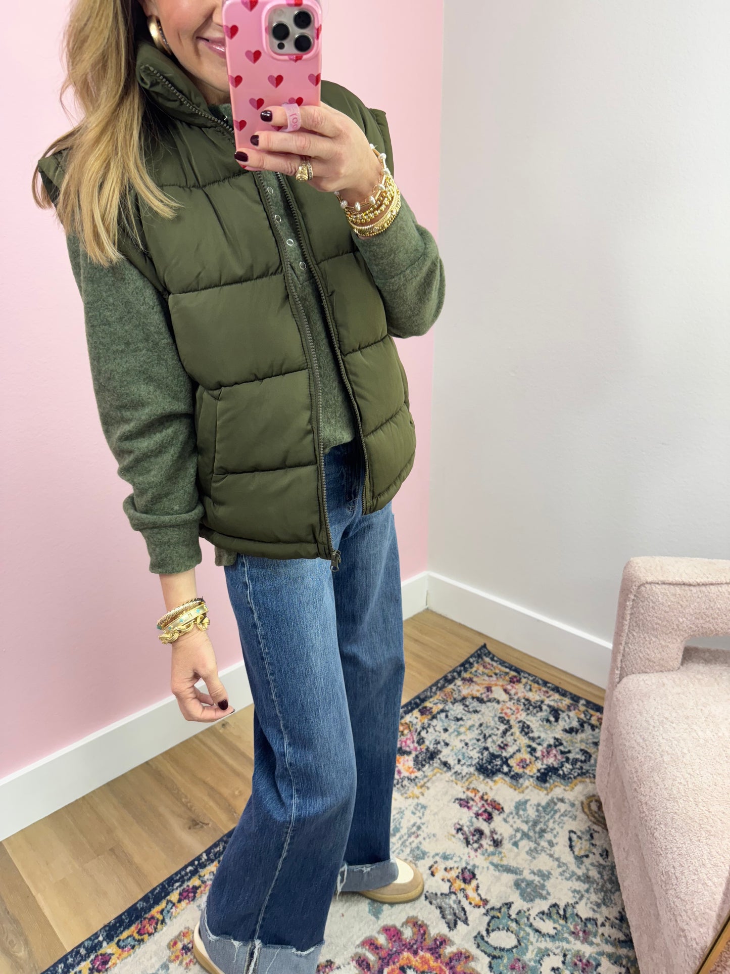 Olive High Neck Classic Puffer Vest