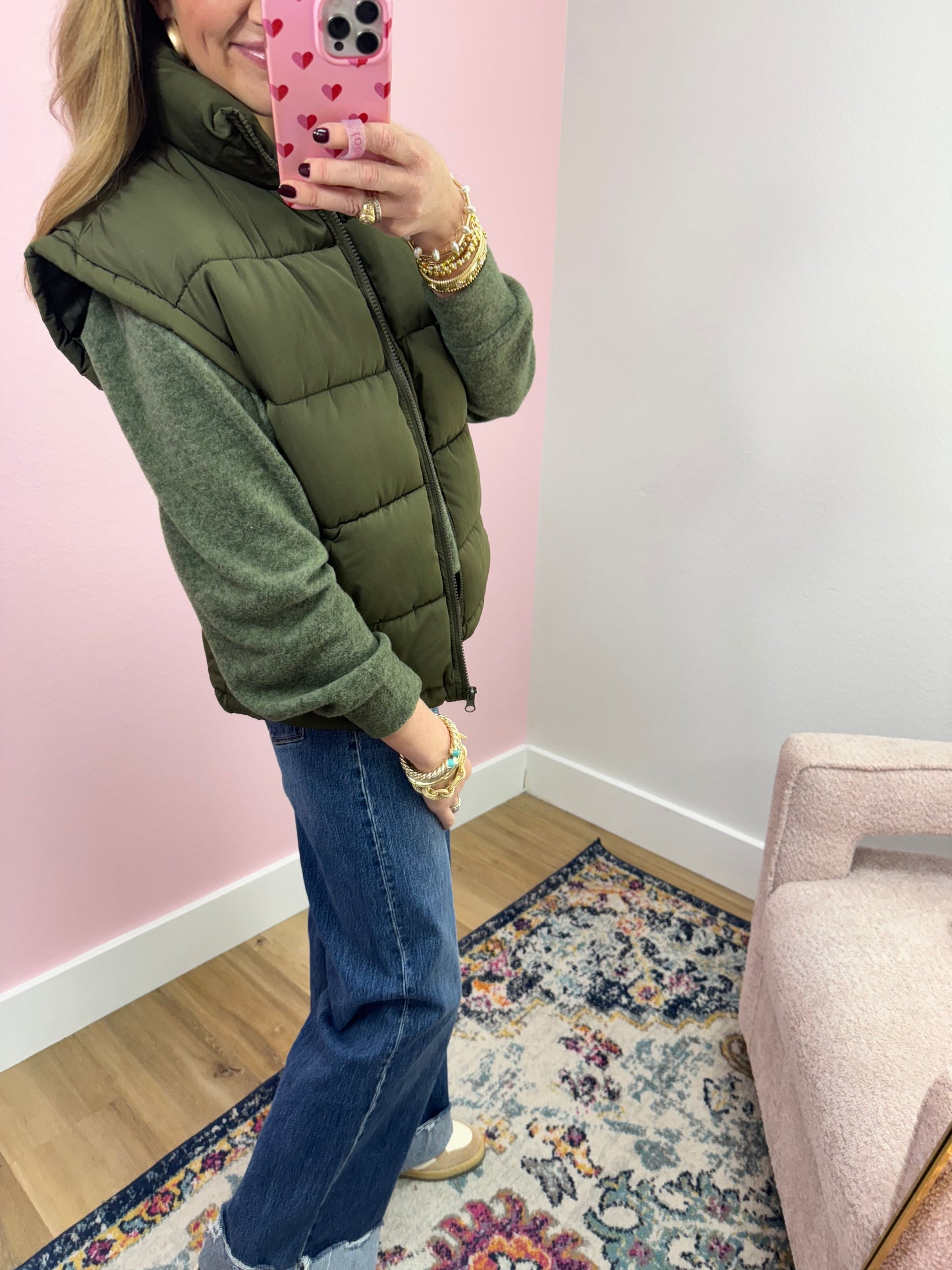 Olive High Neck Classic Puffer Vest