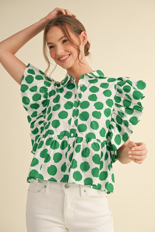 Heather Welper Collection Green and White Polk A Dot Flutter Sleeve Top