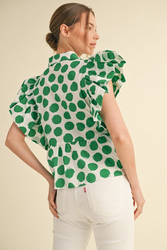 Heather Welper Collection Green and White Polk A Dot Flutter Sleeve Top