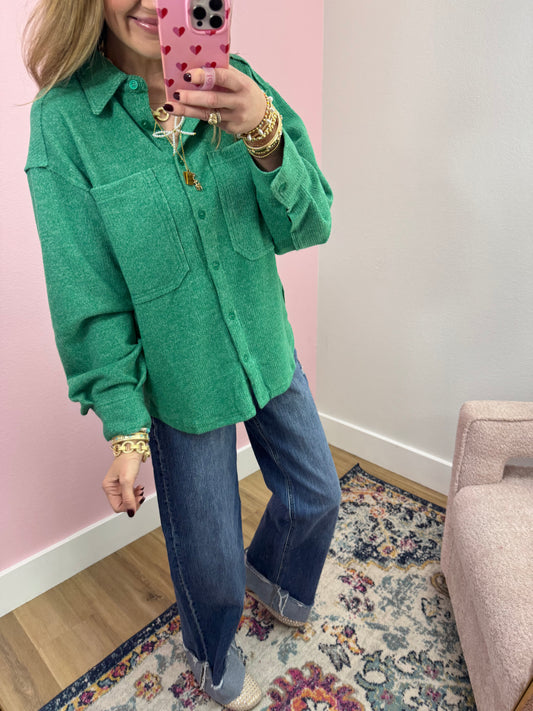 Kelly Green Button Down Front Pocket Top