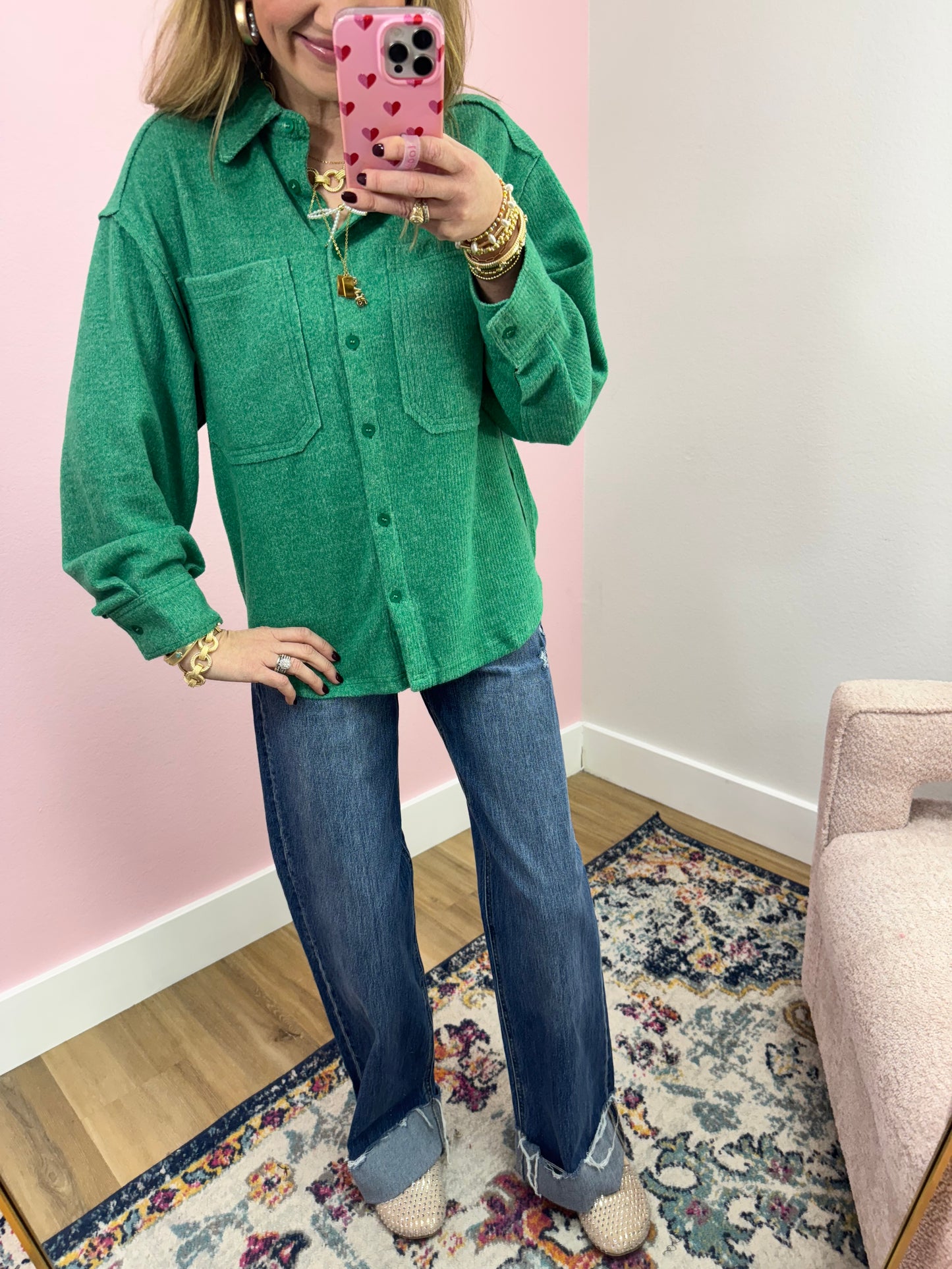 Kelly Green Button Down Front Pocket Top