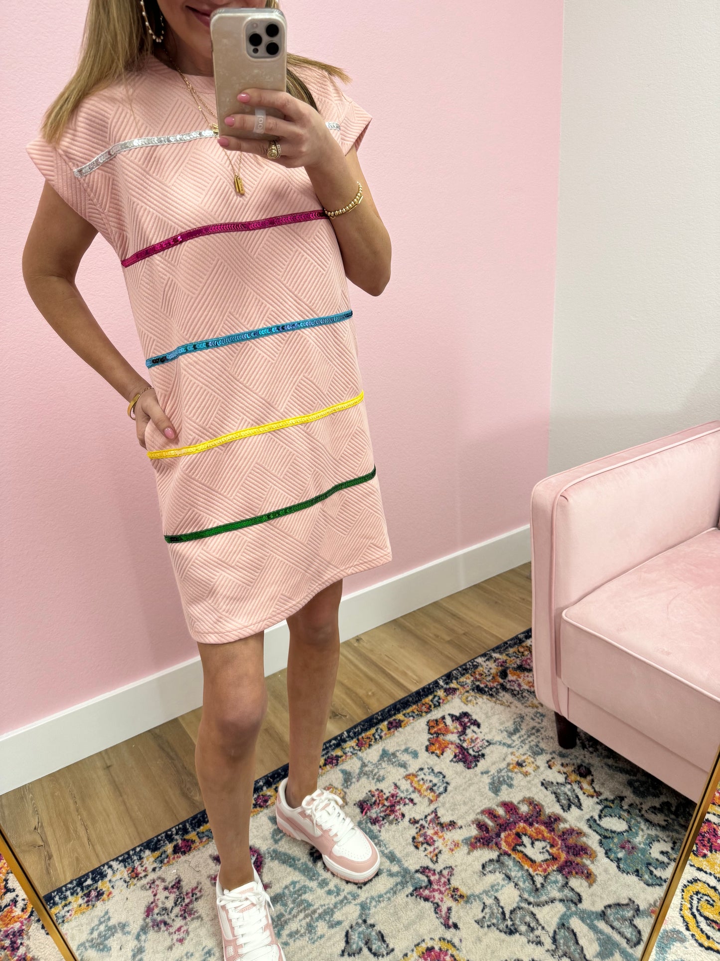 Pink Sequin Colored Stripe Dress FS