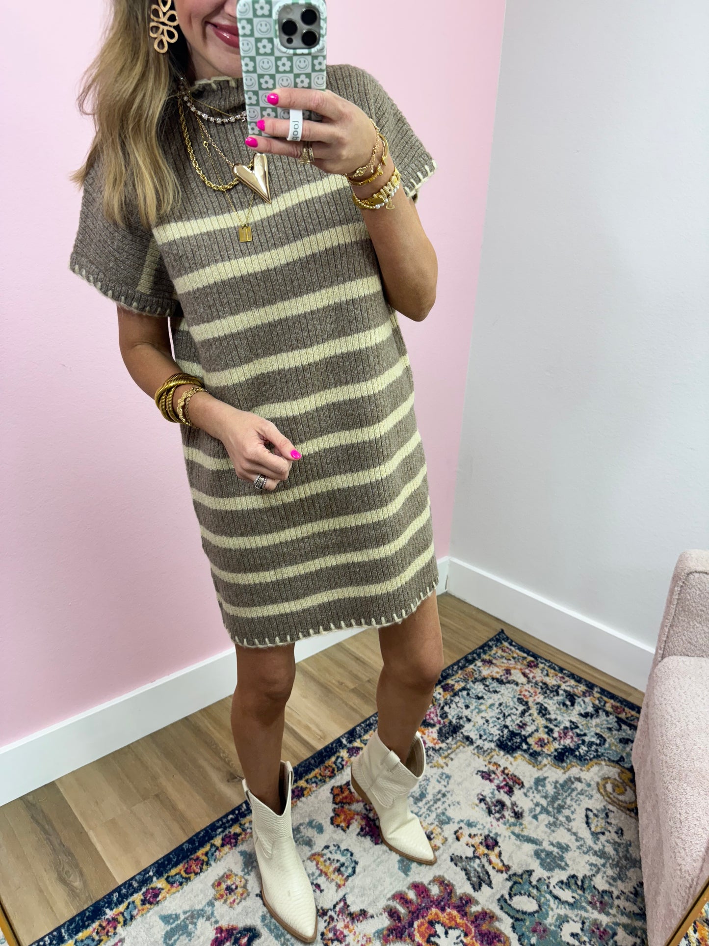 Oatmeal Striped Mock Neck Sweater Dress