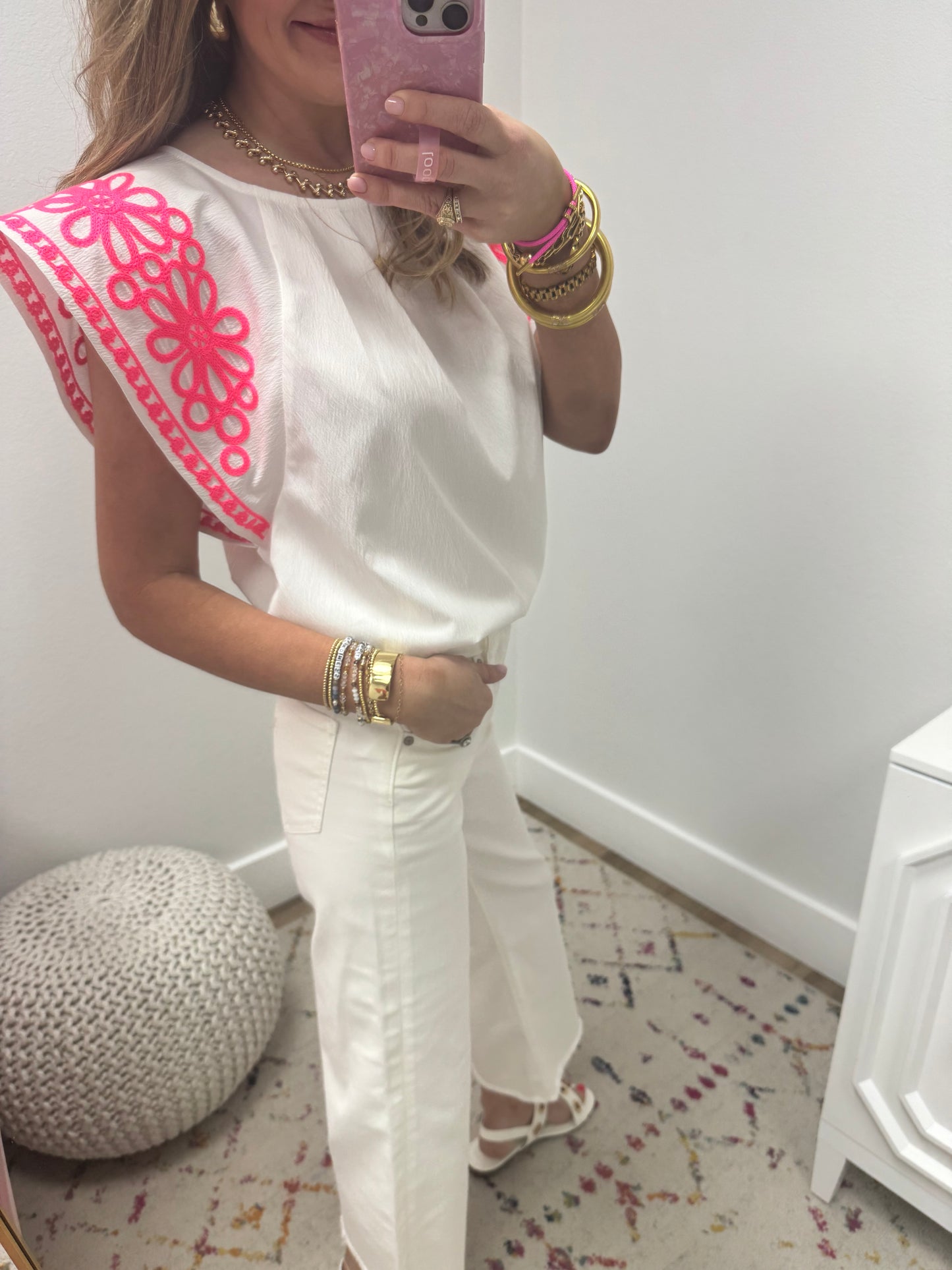 White Top With Neon Pink Embordered Sleeves FS