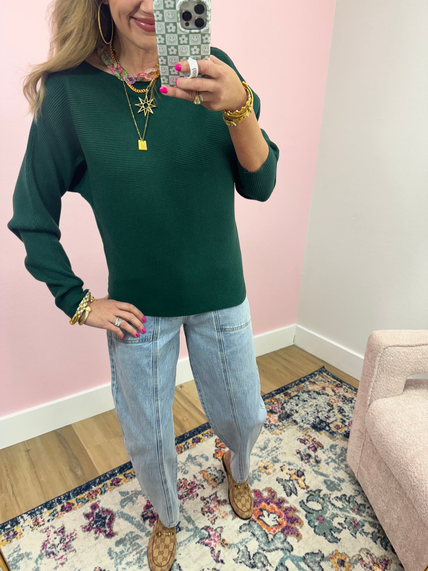 Dark Green Ribbed Dollman Sleeve Sweater Top