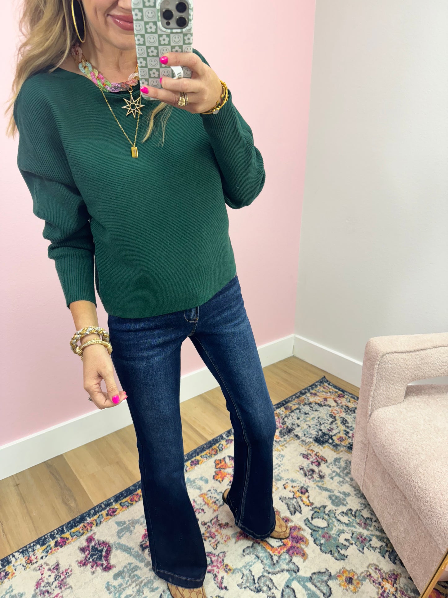 Dark Green Ribbed Dollman Sleeve Sweater Top