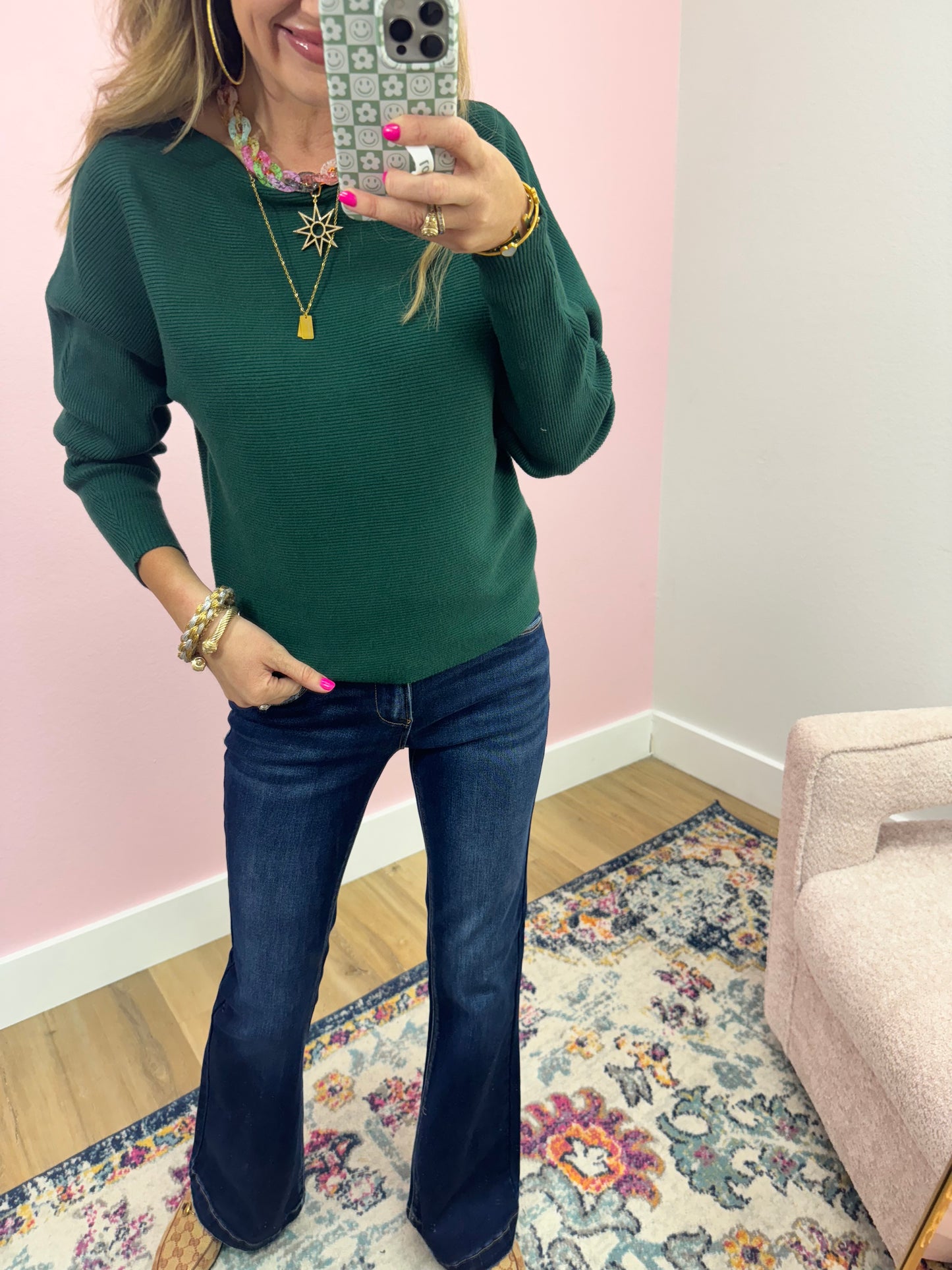 Dark Green Ribbed Dollman Sleeve Sweater Top