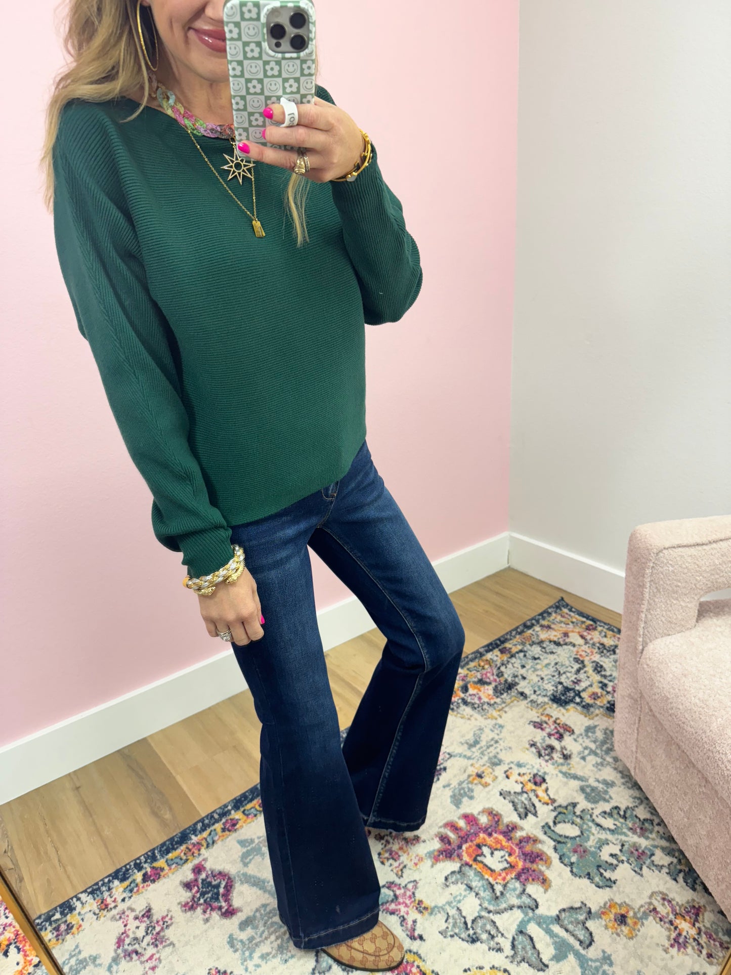 Dark Green Ribbed Dollman Sleeve Sweater Top