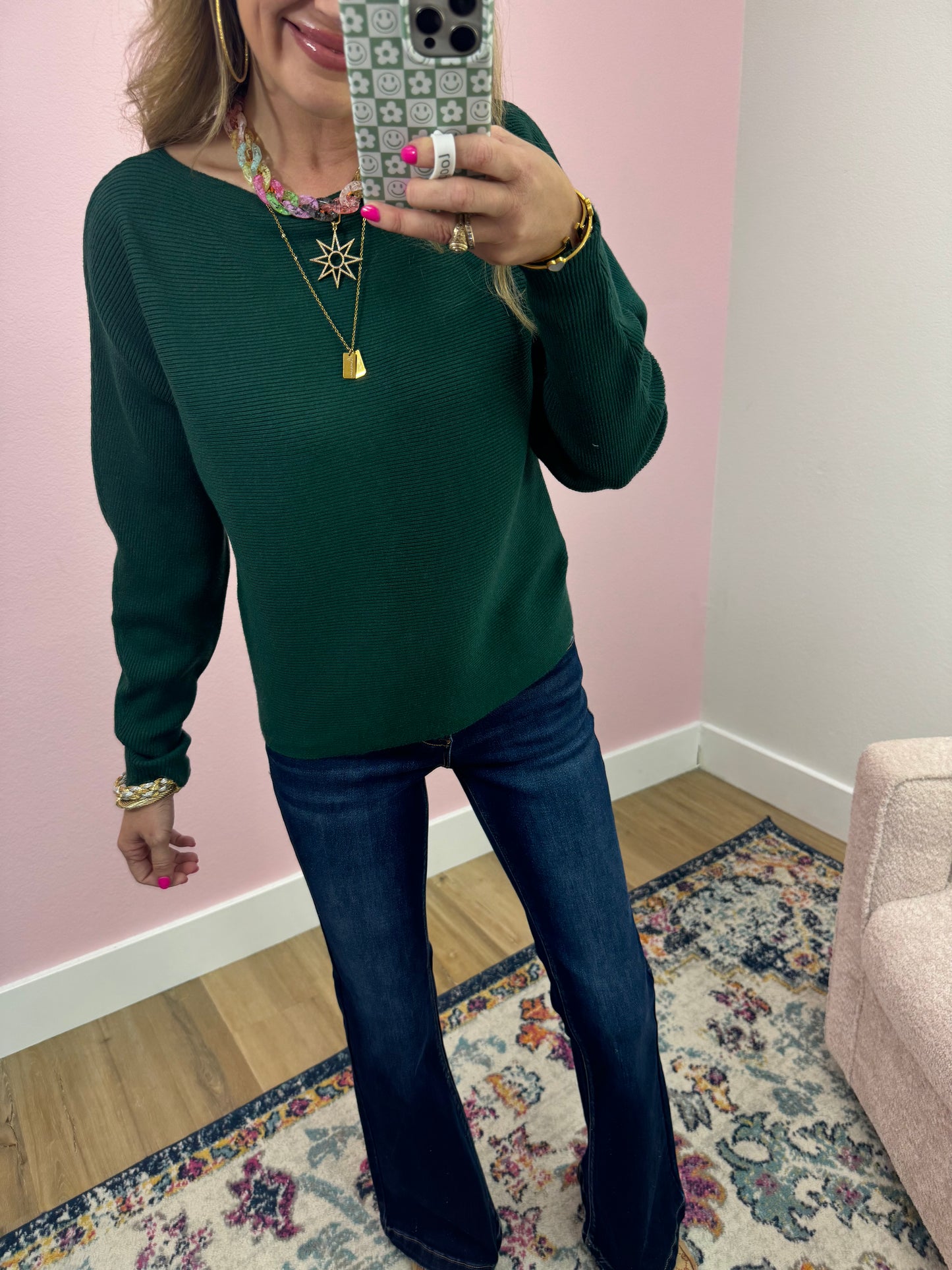 Dark Green Ribbed Dollman Sleeve Sweater Top