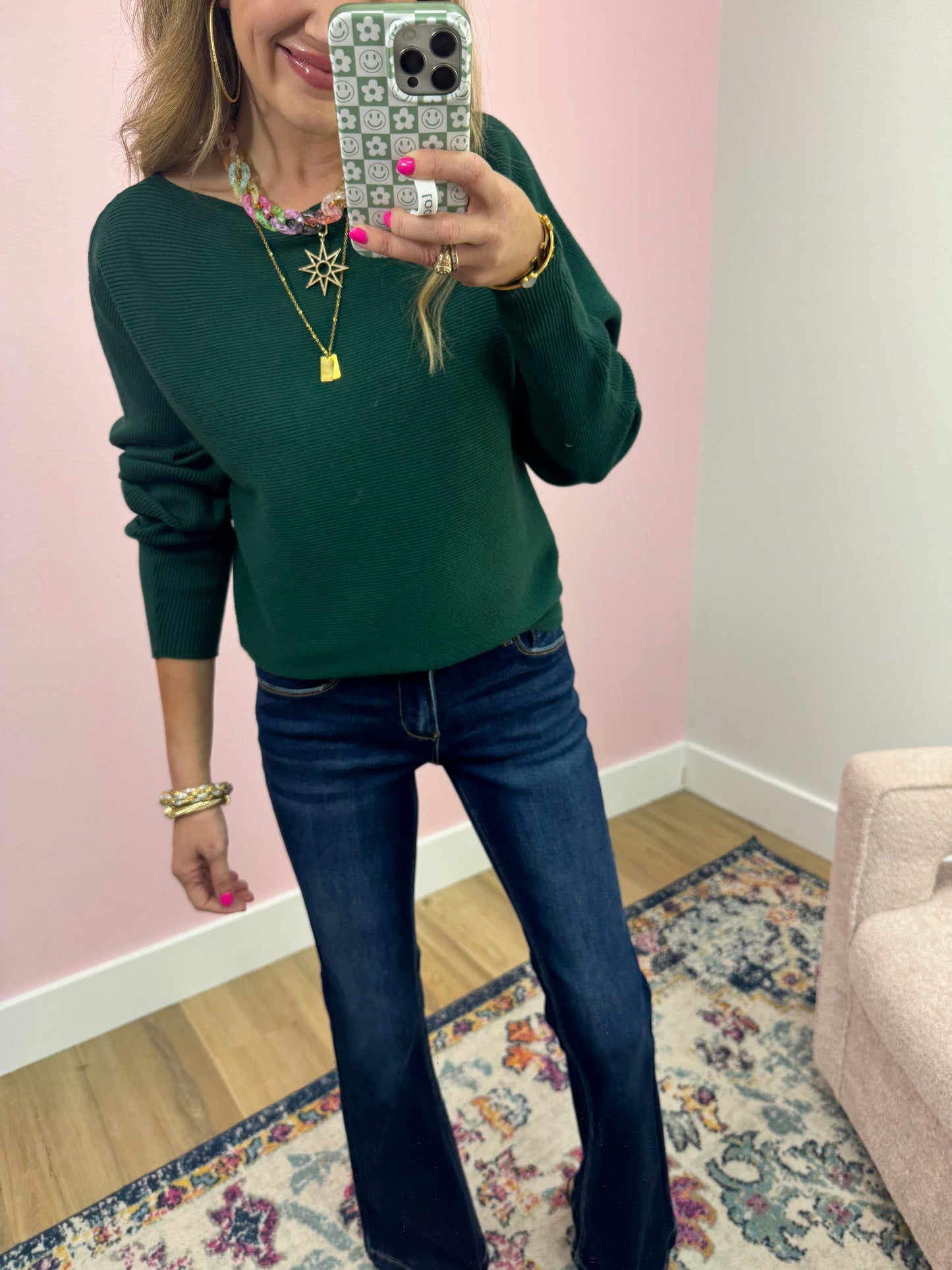 Dark Green Ribbed Dollman Sleeve Sweater Top