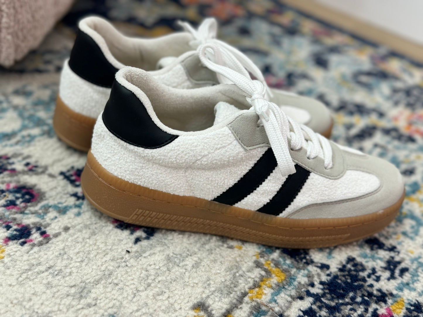 Cream and Black Platform Sherpa Sneakers