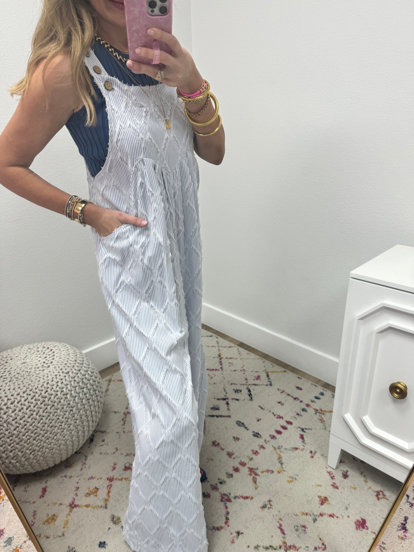 Ivory/Blue Distressed Stripe Woven Jumpsuit FS