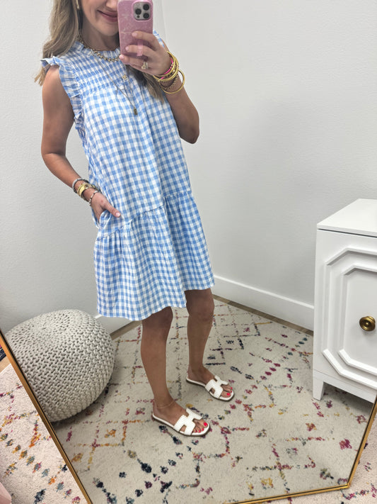 Blue and White Checkered Ruffle Sleeve Dress