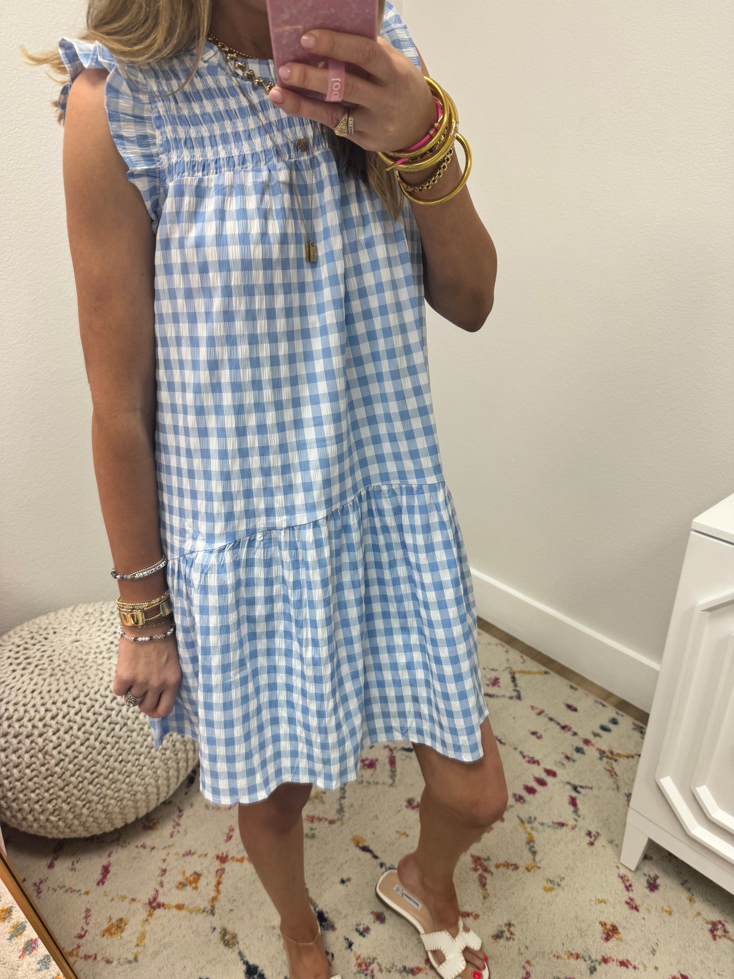 Blue and White Checkered Ruffle Sleeve Dress