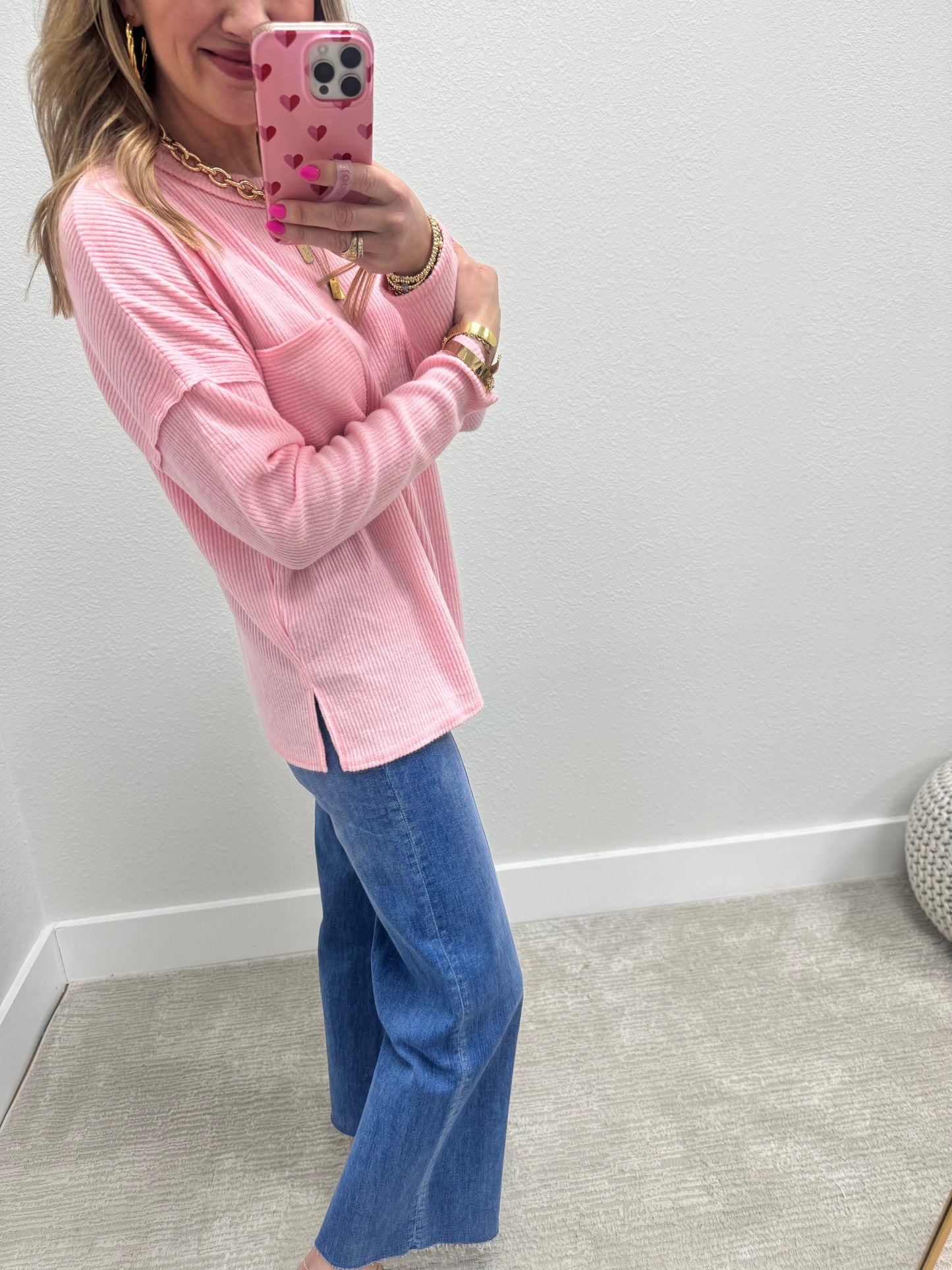 Candy Pink Ribbed Mélange Hacci Pocket Top