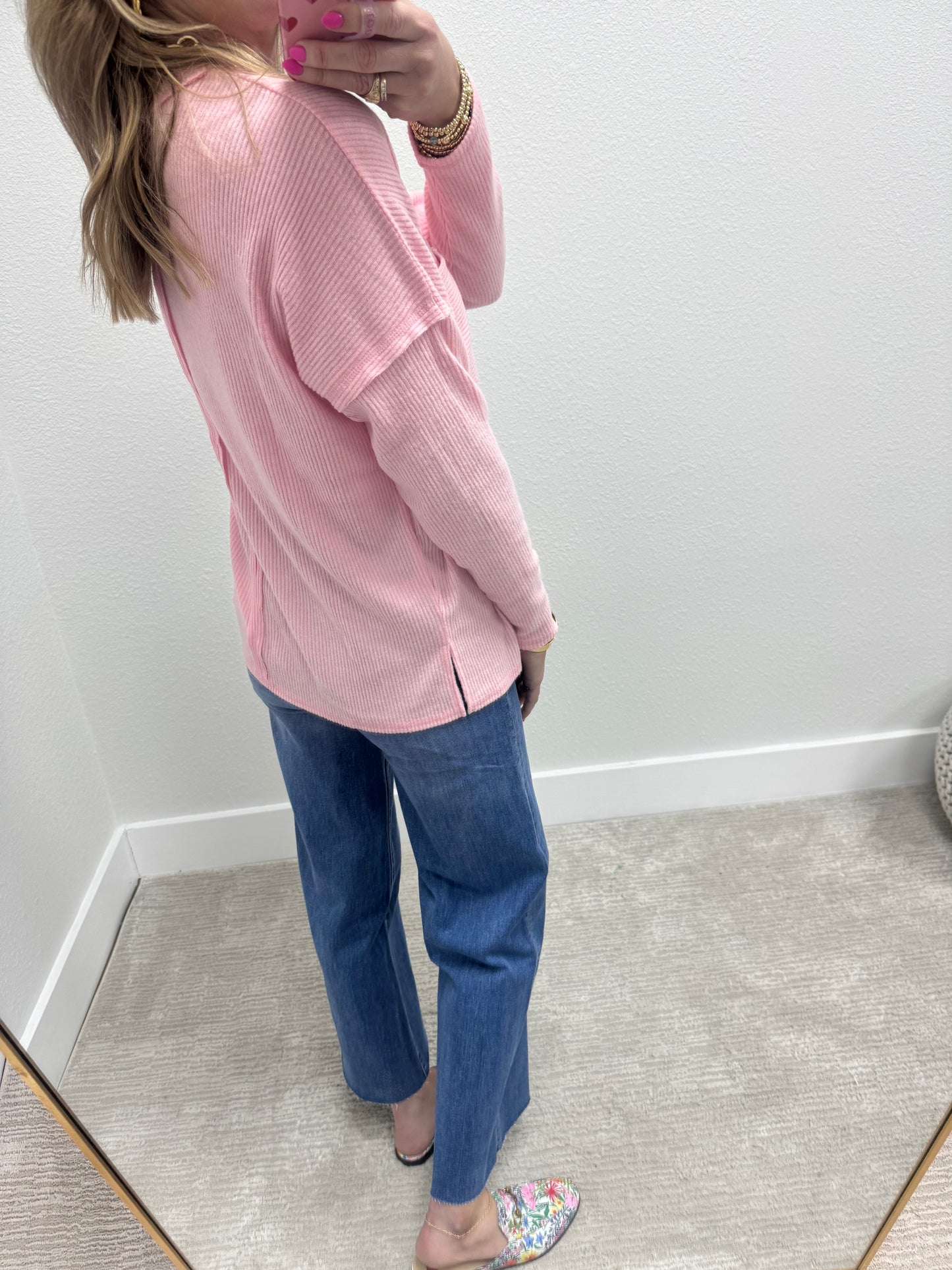 Candy Pink Ribbed Mélange Hacci Pocket Top