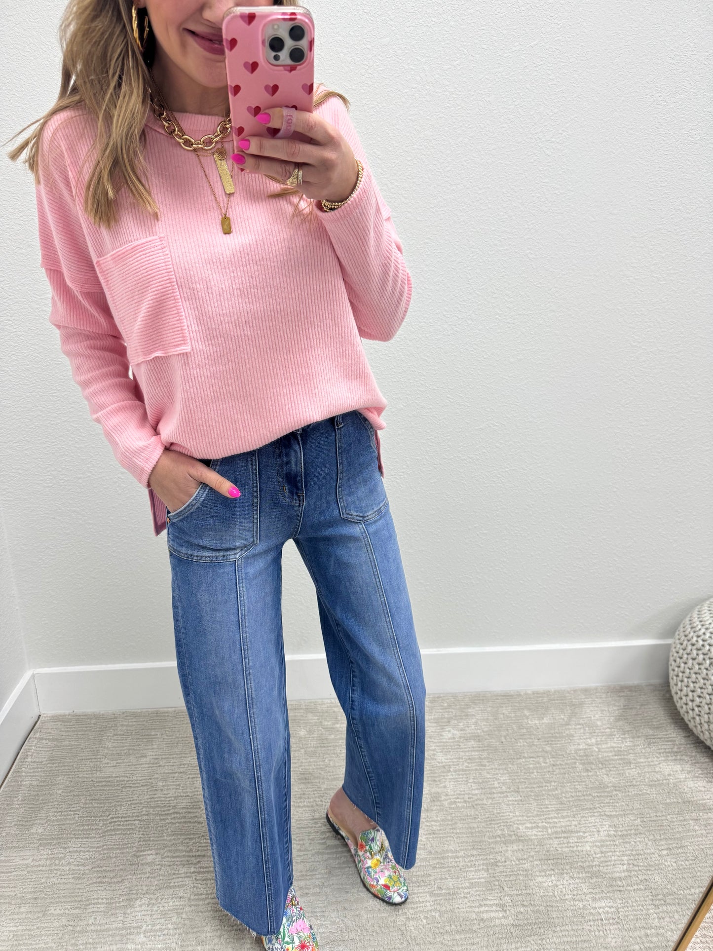 Candy Pink Ribbed Mélange Hacci Pocket Top