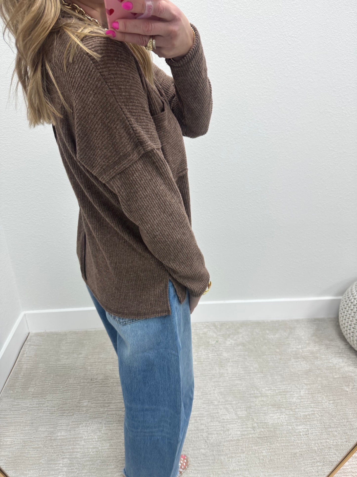 Chocalate Ribbed Mélange Hacci Pocket Top