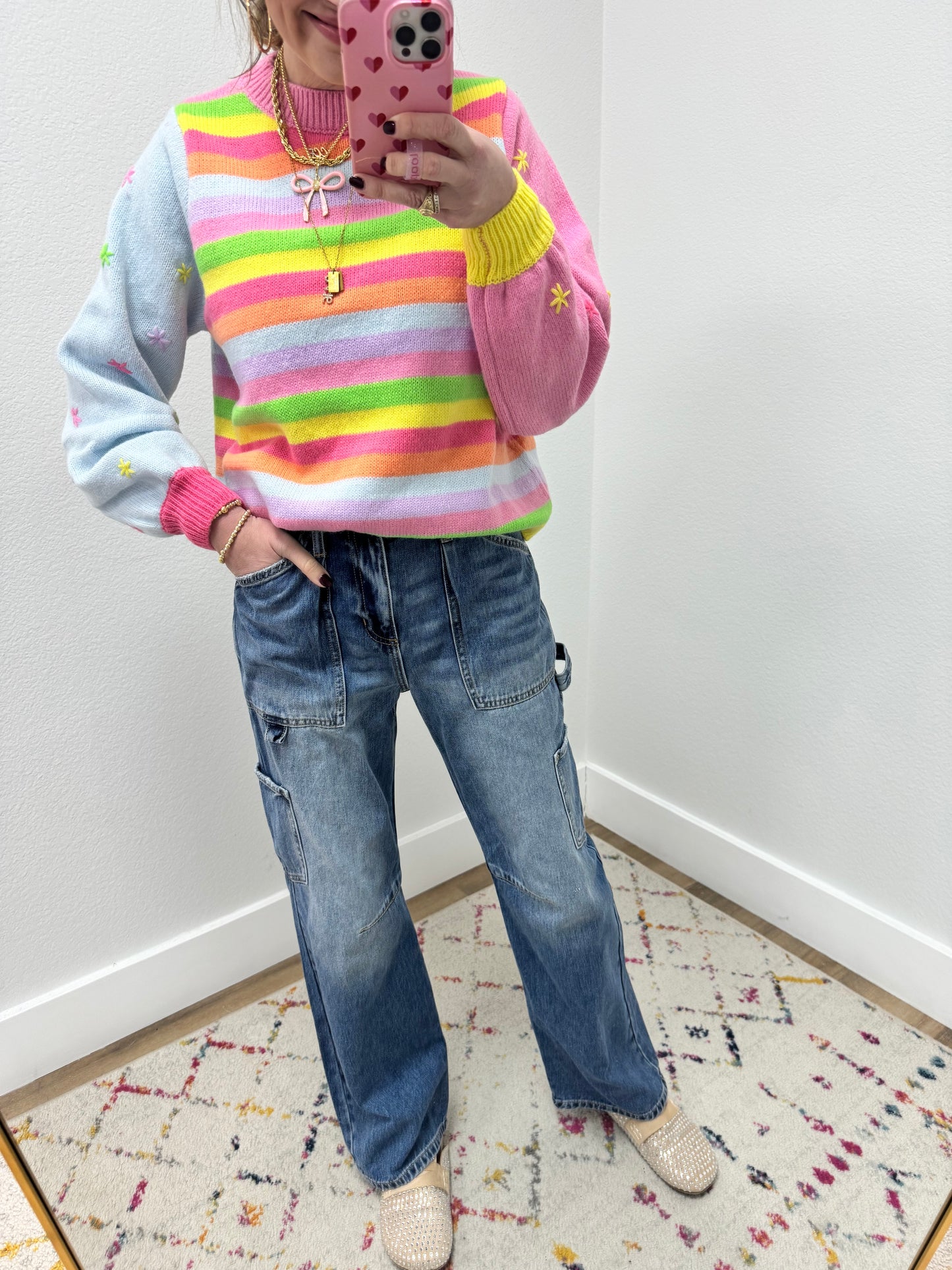 Star Stitched Sleeve Striped Sweater