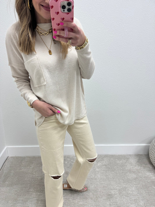 Sand Beige Ribbed Mélange Hacci Pocket Top