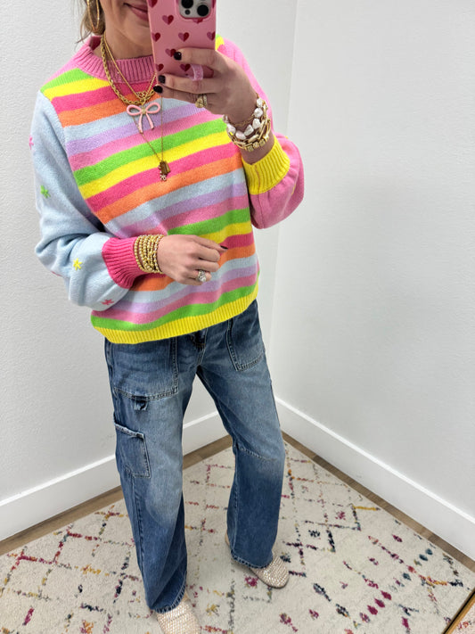 Star Stitched Sleeve Striped Sweater