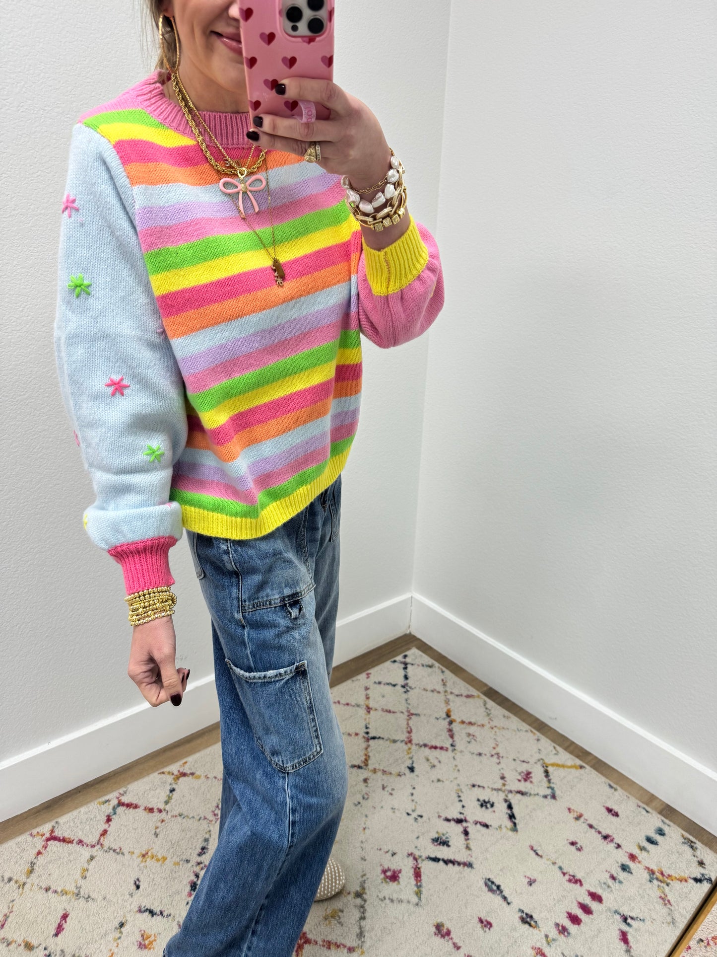 Star Stitched Sleeve Striped Sweater