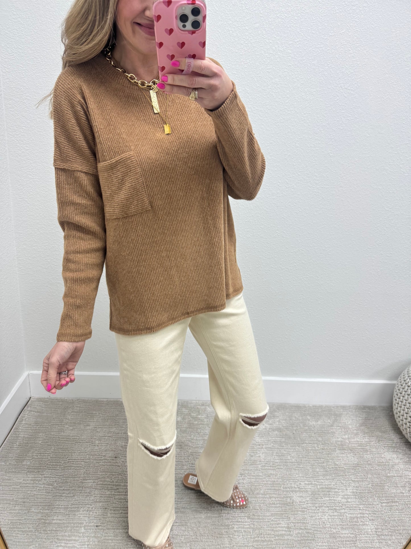 Camel Ribbed Mélange Hacci Pocket Top