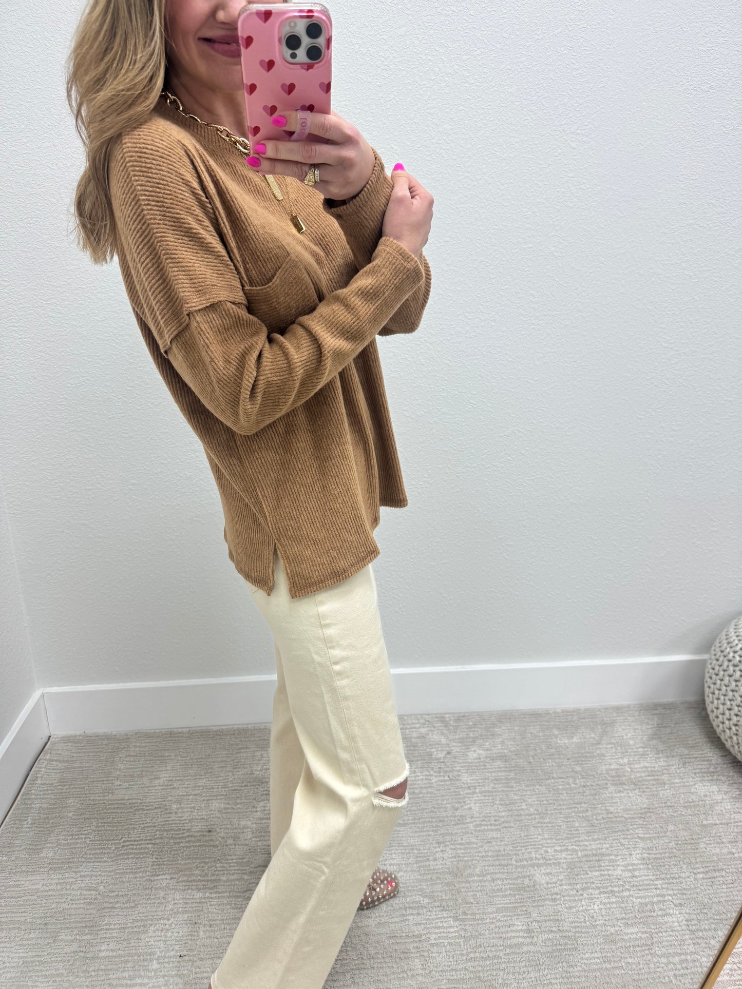 Camel Ribbed Mélange Hacci Pocket Top