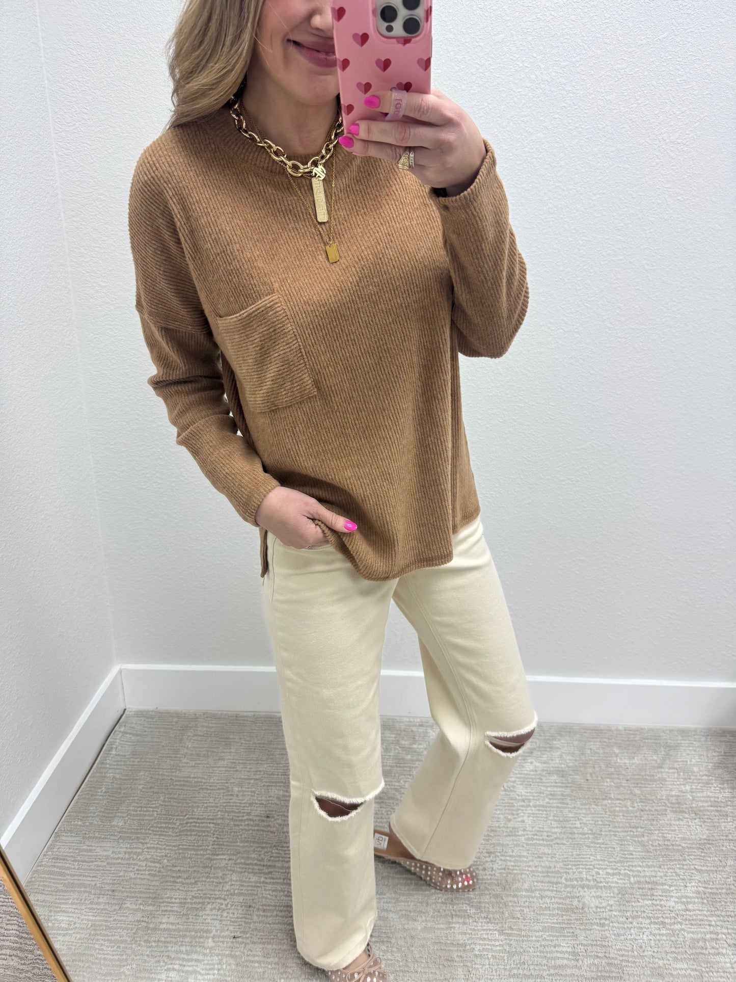 Camel Ribbed Mélange Hacci Pocket Top