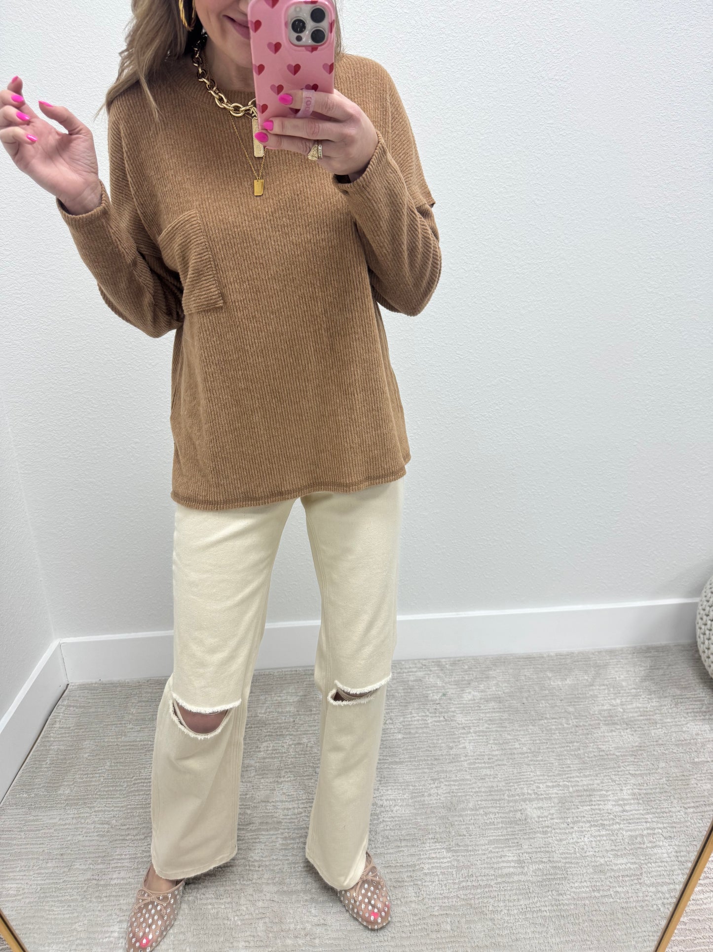 Camel Ribbed Mélange Hacci Pocket Top