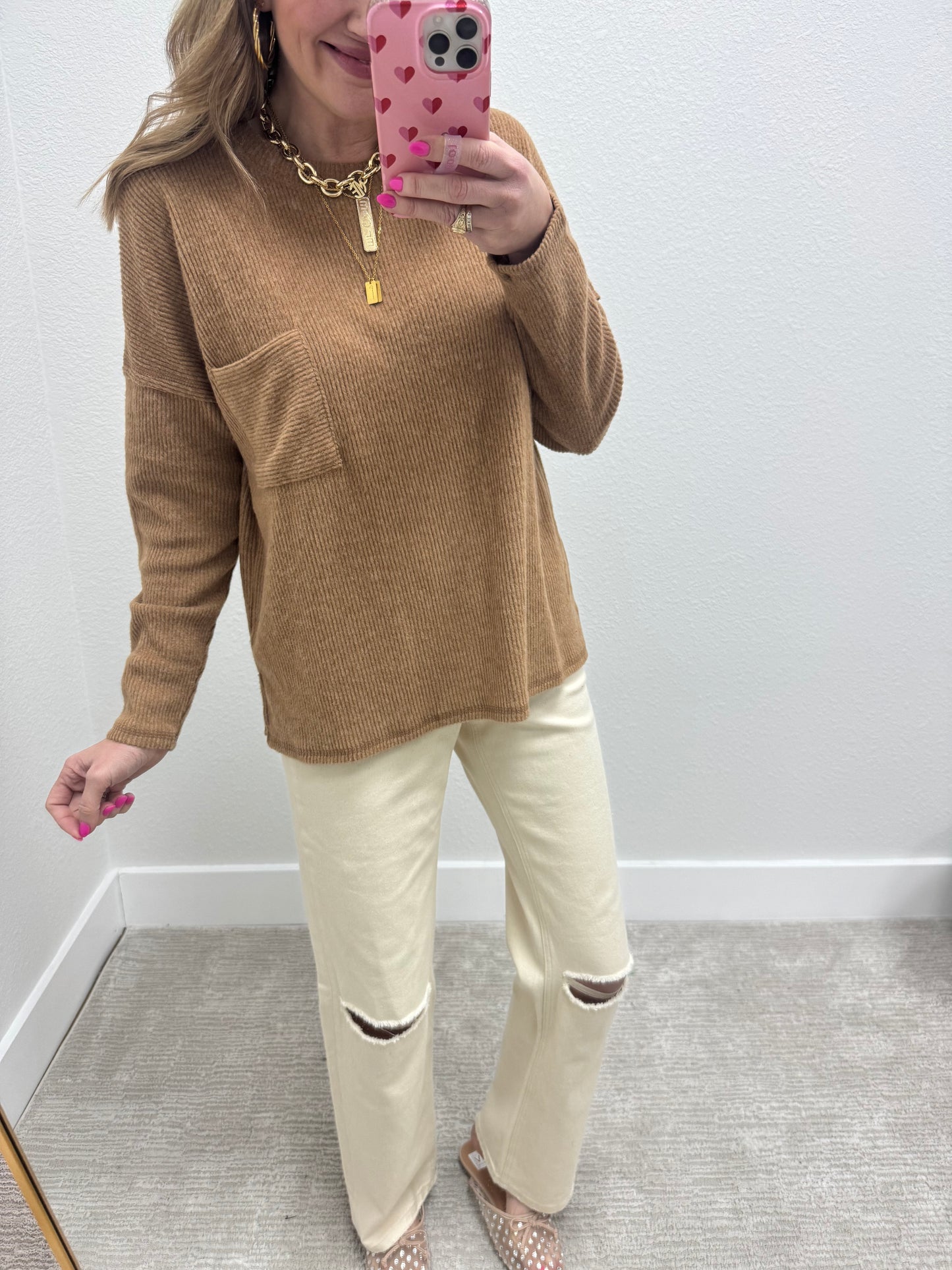 Camel Ribbed Mélange Hacci Pocket Top