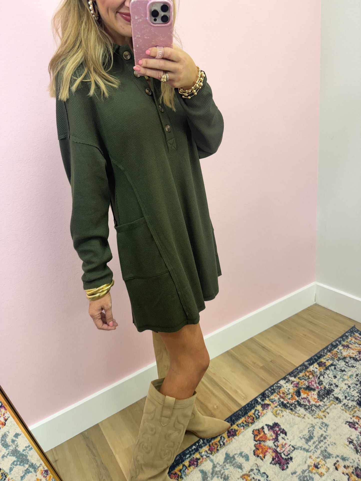 3/4 Waffle Button Long Sleeve Dress (5 colors!) FS