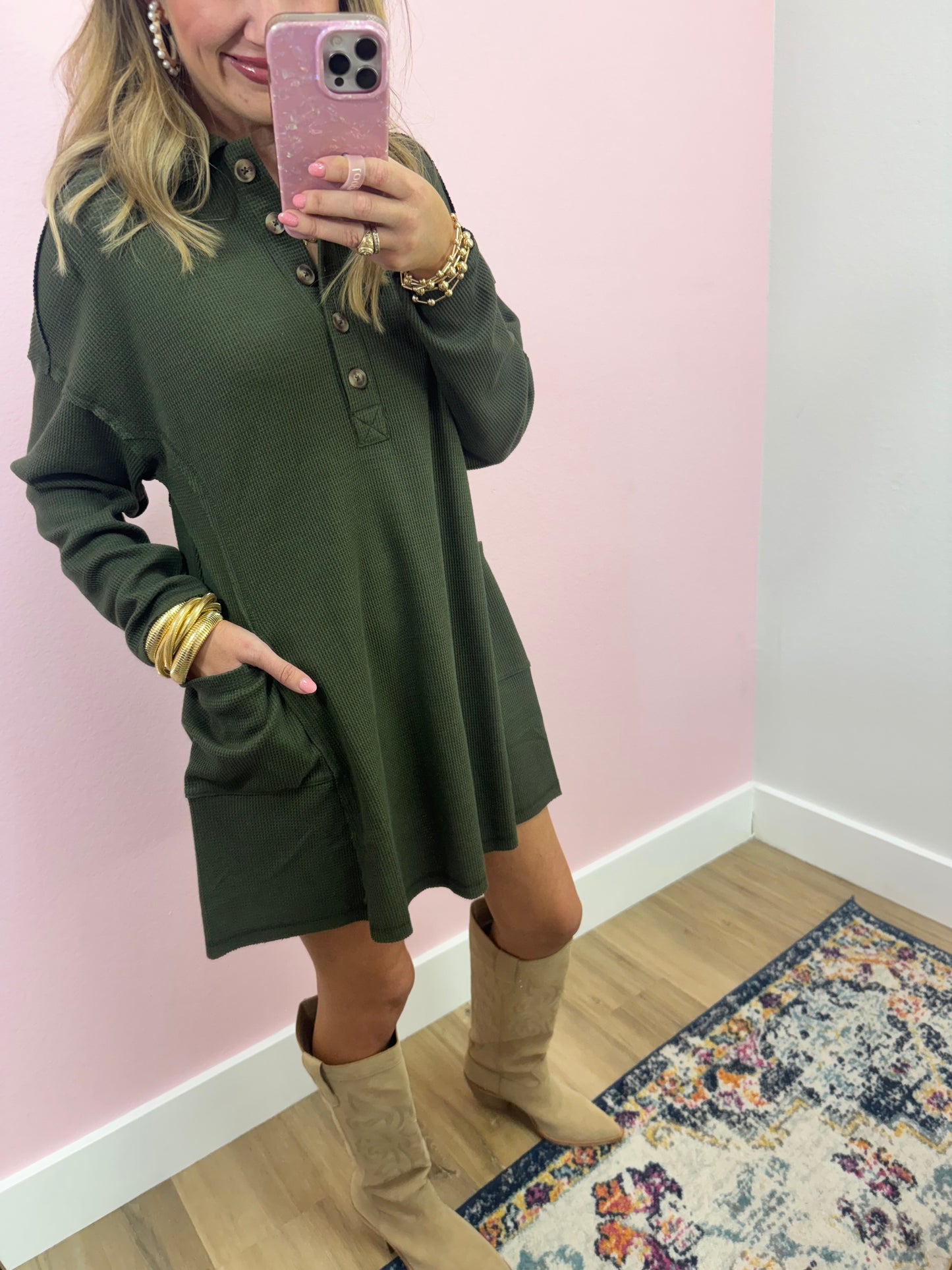 3/4 Waffle Button Long Sleeve Dress (5 colors!) FS