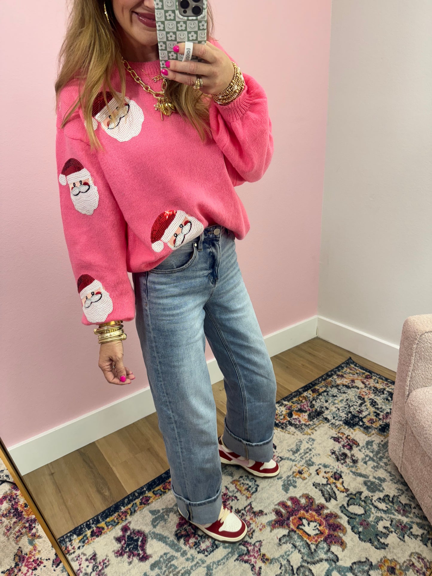 Pink Santa Sequin Patch Sweater