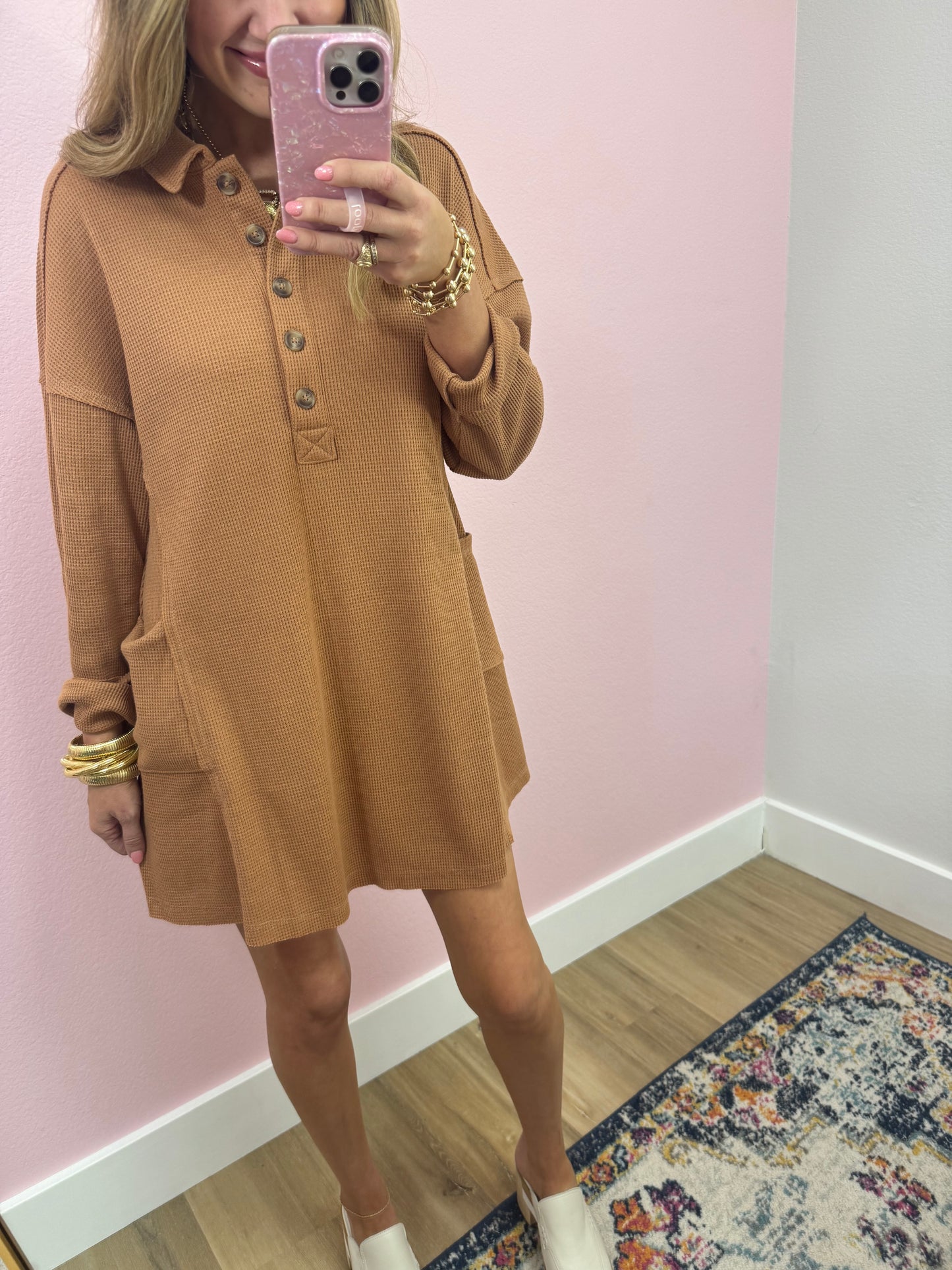 3/4 Waffle Button Long Sleeve Dress (5 colors!) FS