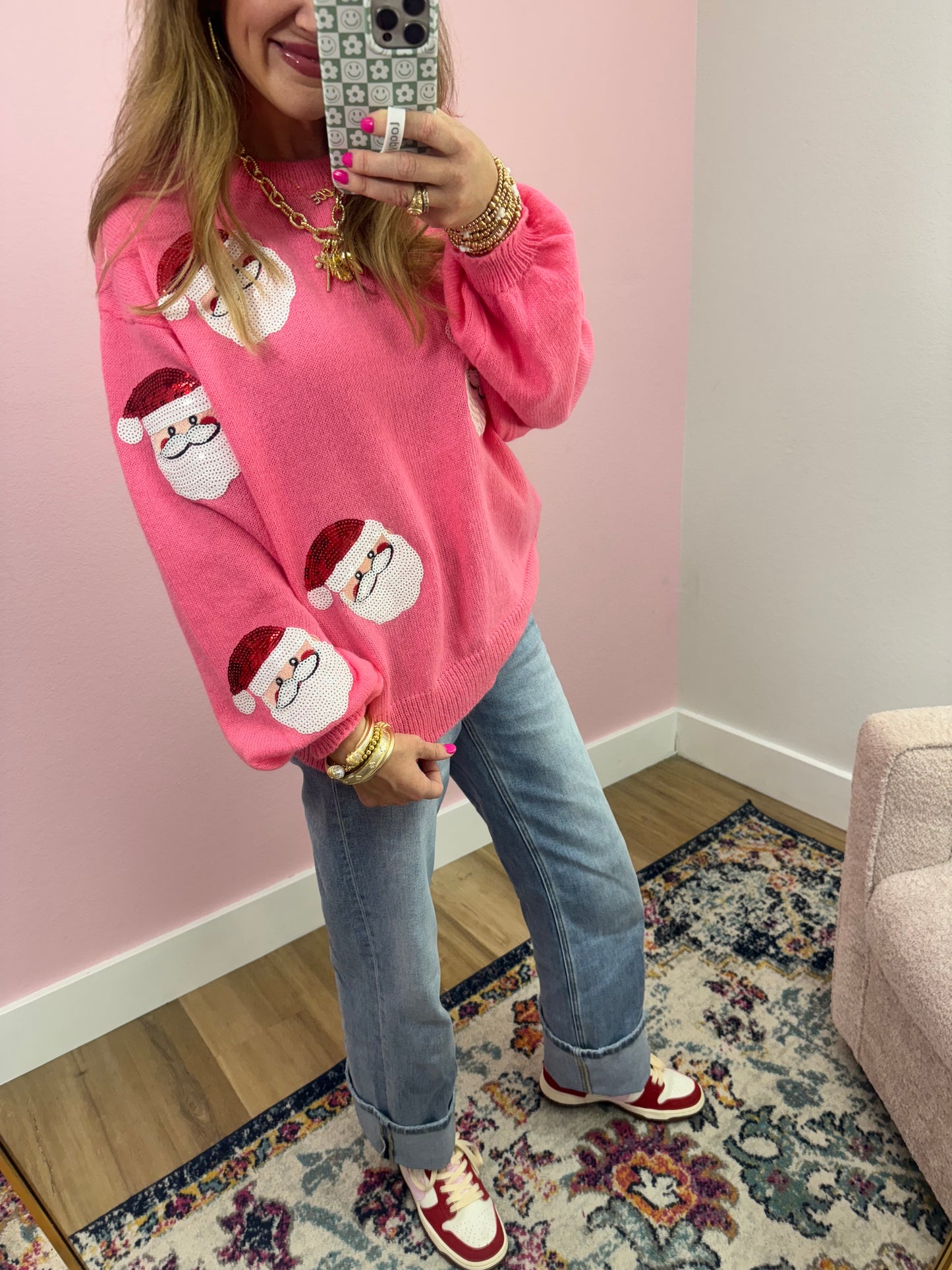 Pink Santa Sequin Patch Sweater