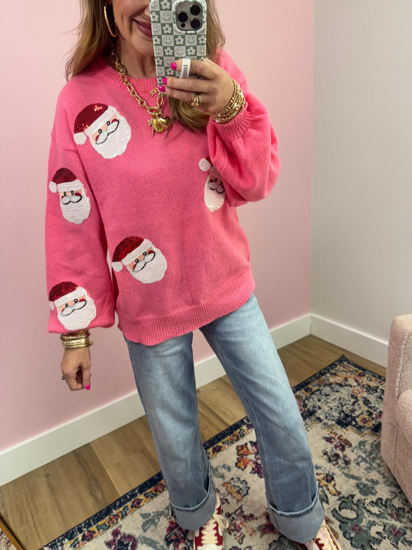 Pink Santa Sequin Patch Sweater